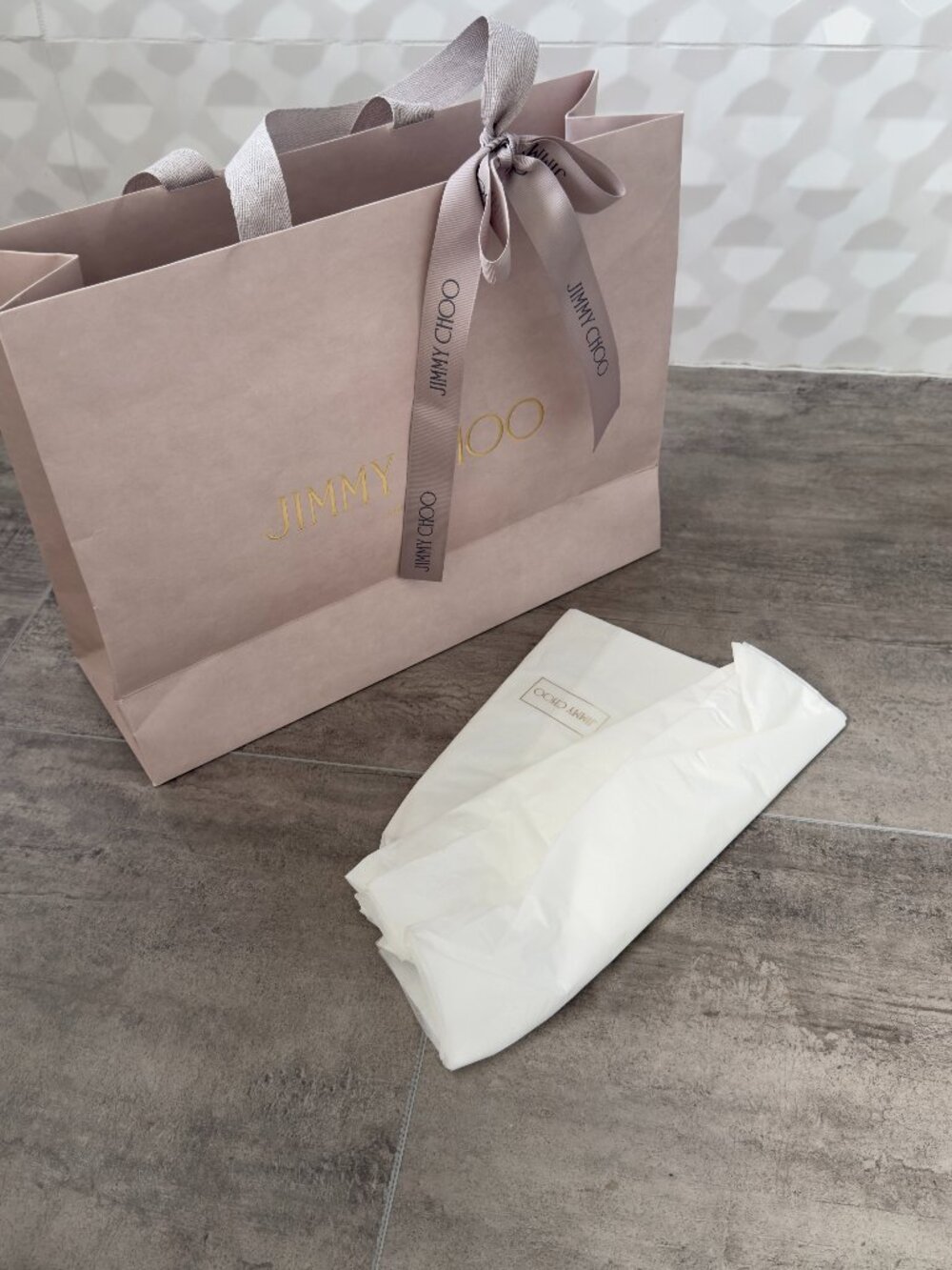 Authentic Jimmy Choo Empty Paper Shopping Bag – Medium Size with Ribbon, Tissue.
